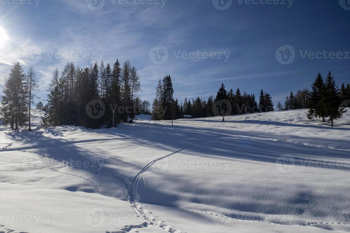 dolomites snow panorama wooden hut val badia armentara photo