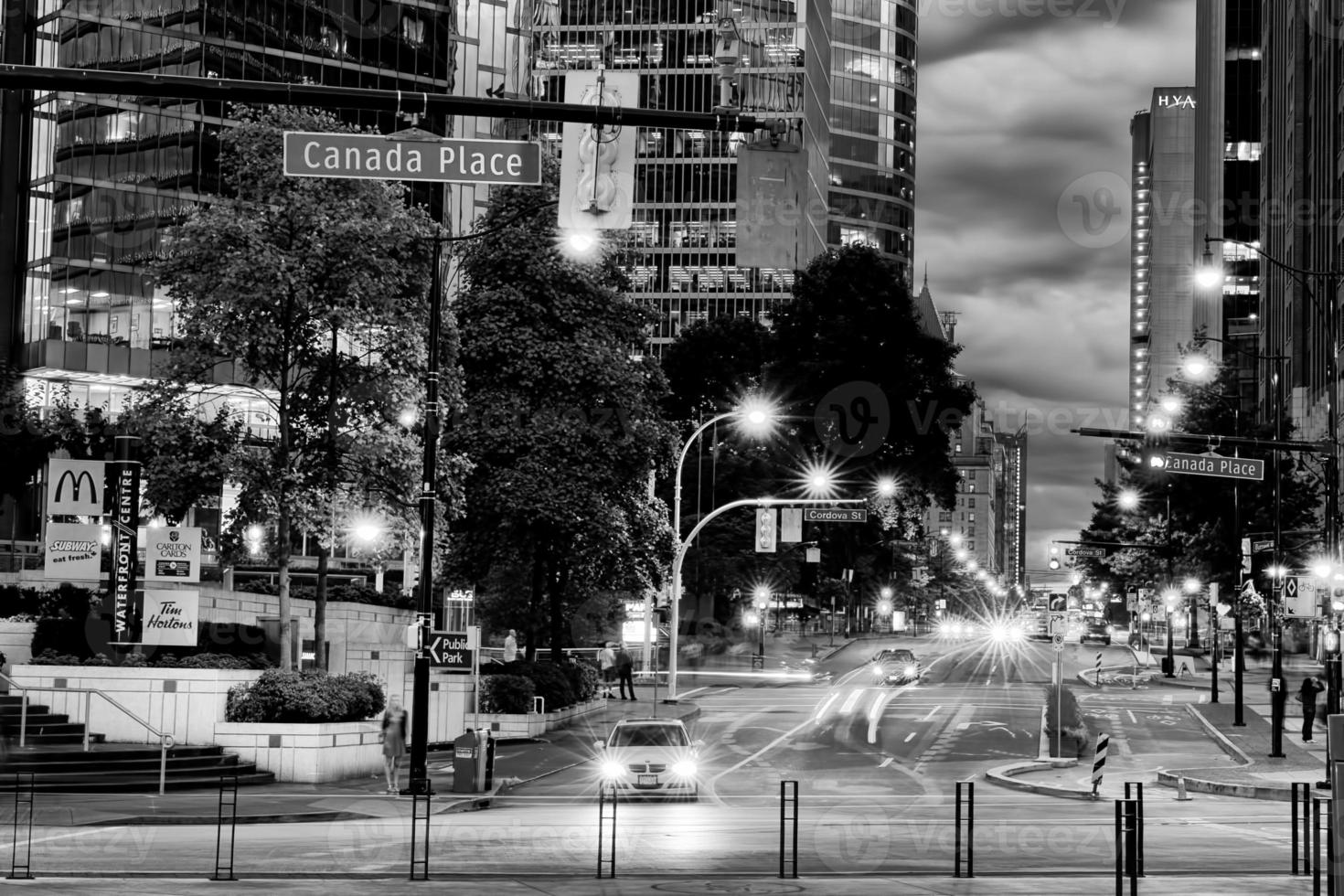 Vancouver Canada Place night cityscape in black and white photo