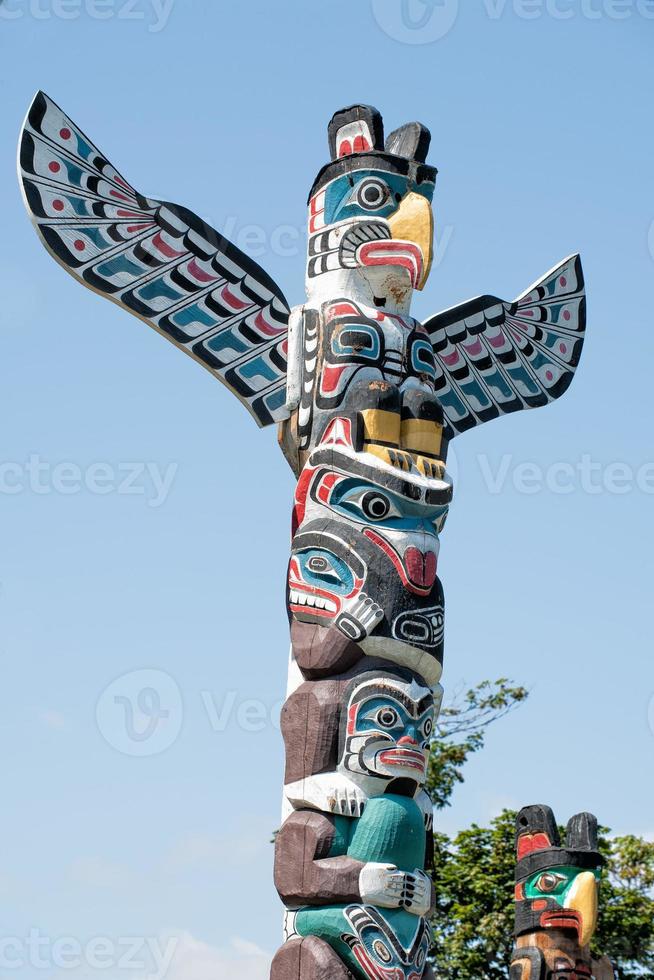 totem wood pole in the blue background photo