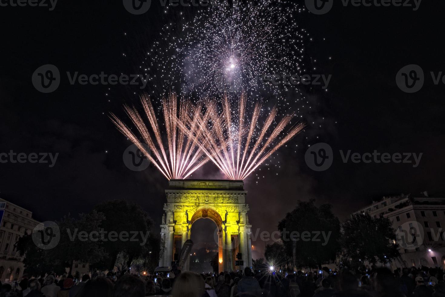 Happy new year fireworks on triumph arc in Genoa Italy photo