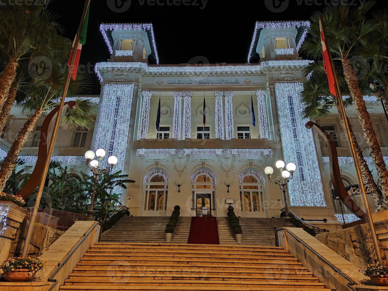 SANREMO, ITALY - DECEMBER 13, 2020 - Casino of Sanremo at night during winter season photo