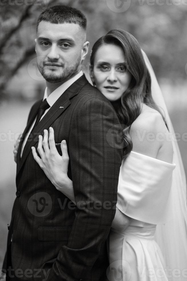 recién casados caminar en el parque entre Cereza flores foto