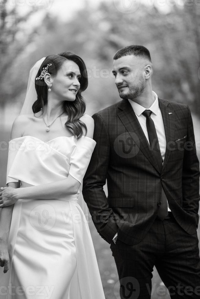 newlyweds walk in the park among cherry blossoms photo