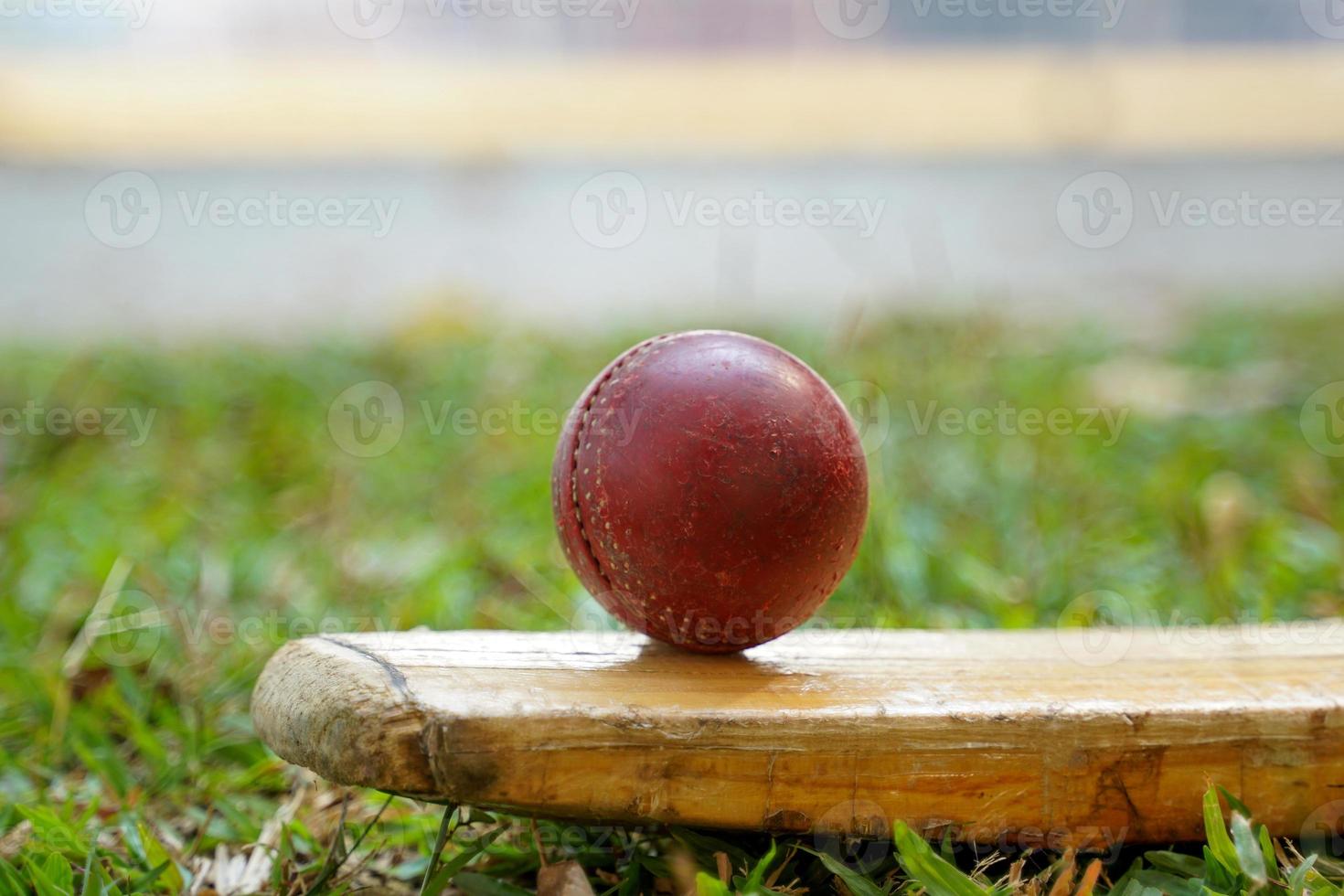 Red cricket ball and cricket bat on grass. Soft and selective focus. photo