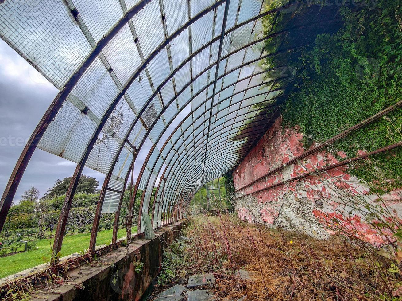 old abandoned greenhouse broken windows photo