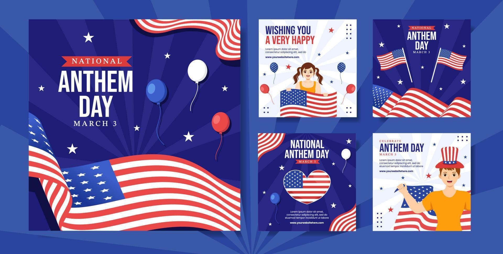 National Anthem Day Social Media Post with United States of America Flag Flat Cartoon Hand Drawn Templates Illustration vector