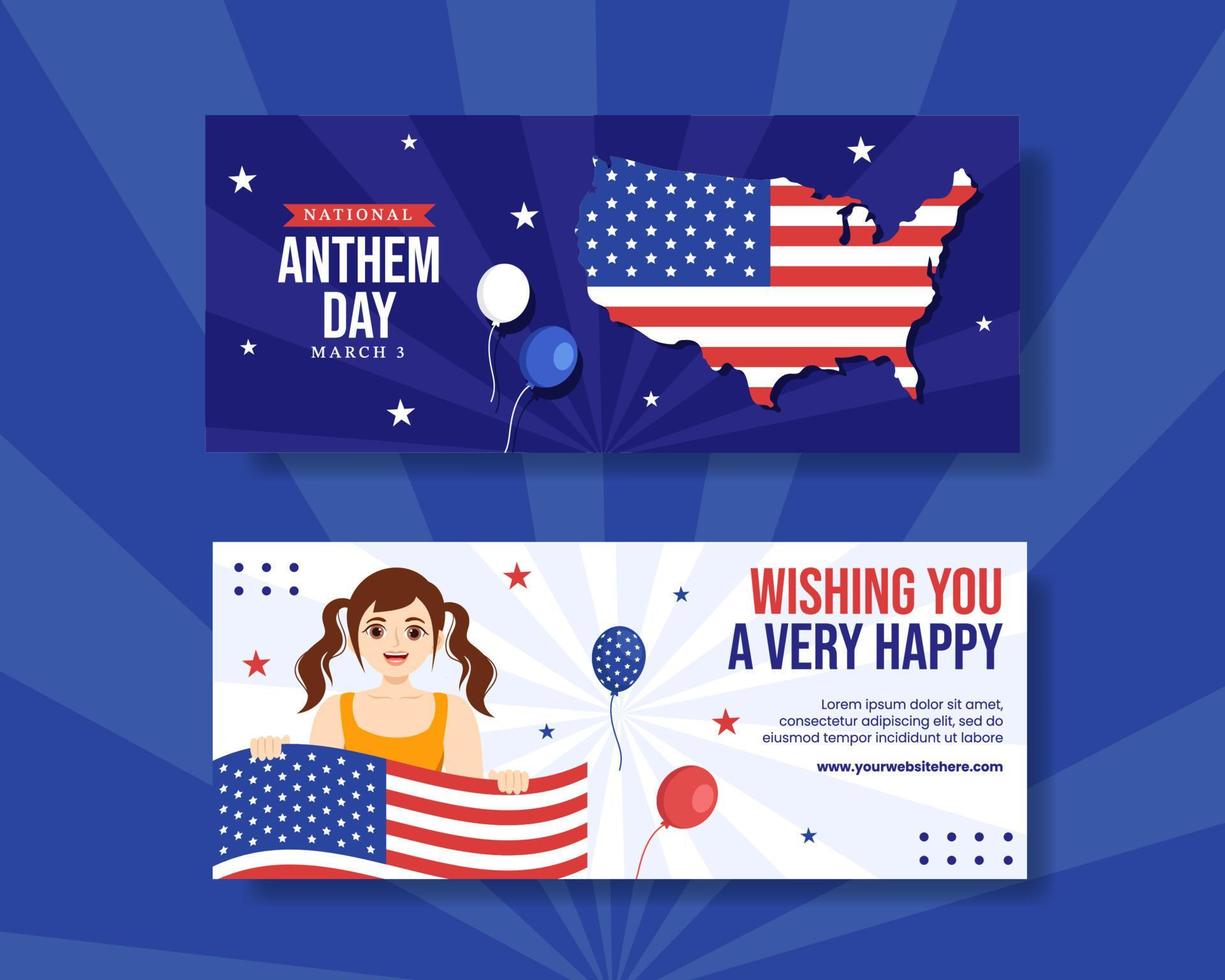 National Anthem Day Horizontal Banner with United States of America Flag Flat Cartoon Hand Drawn Templates Illustration vector