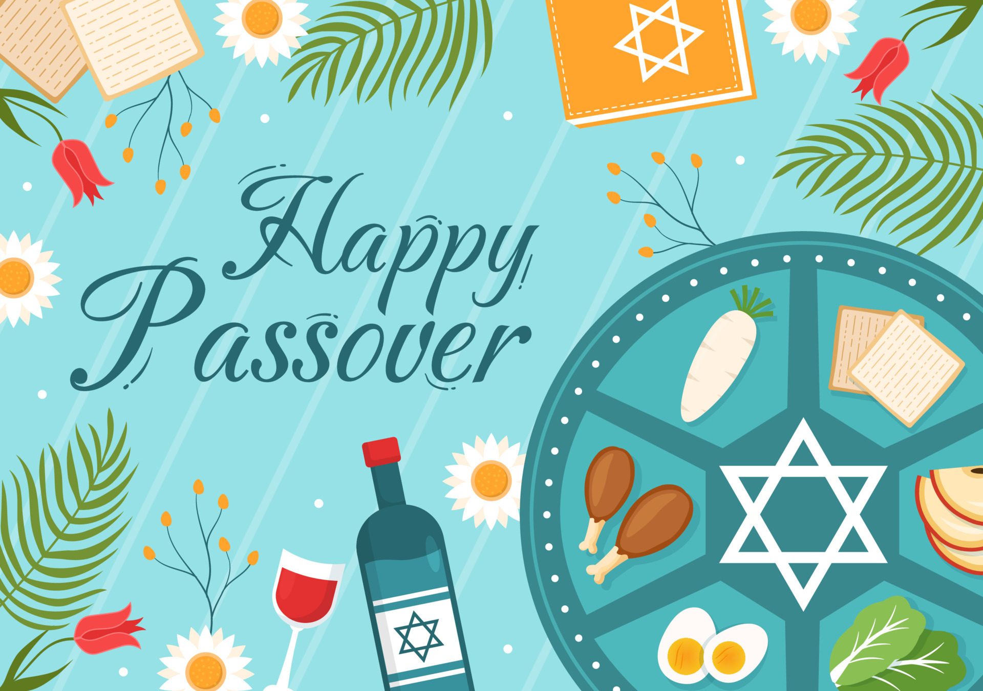 Happy Passover Illustration with Wine, Matzah and Pesach Jewish Holiday