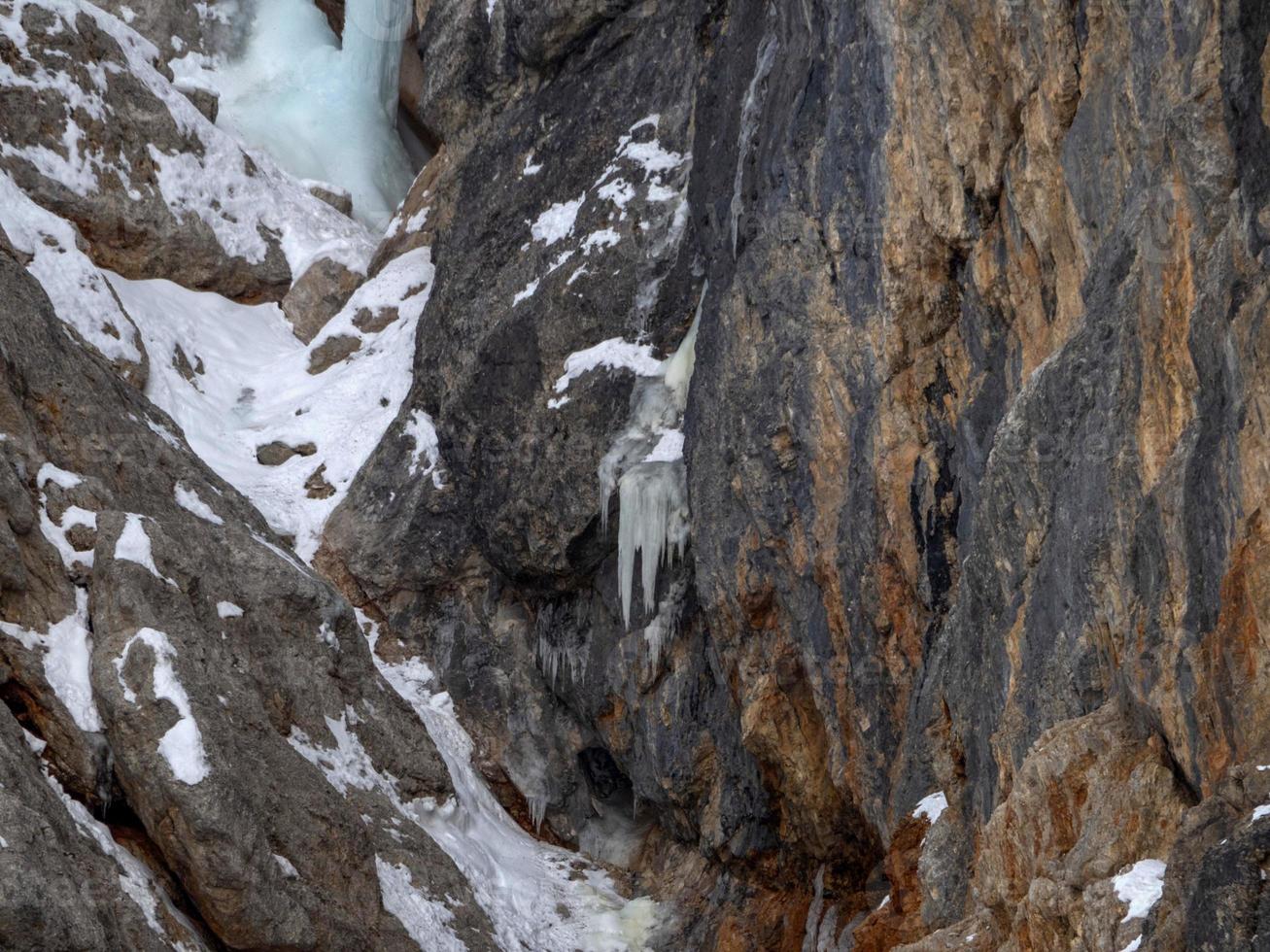 ice on the rock on Fanes mountain dolomites in winter panorama photo