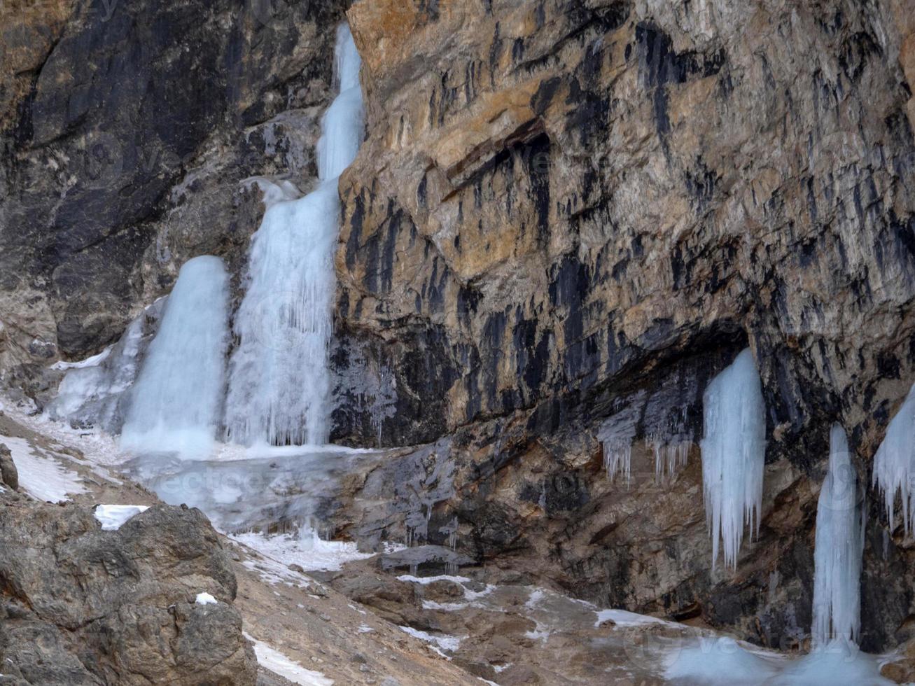 ice on the rock on Fanes mountain dolomites in winter panorama photo