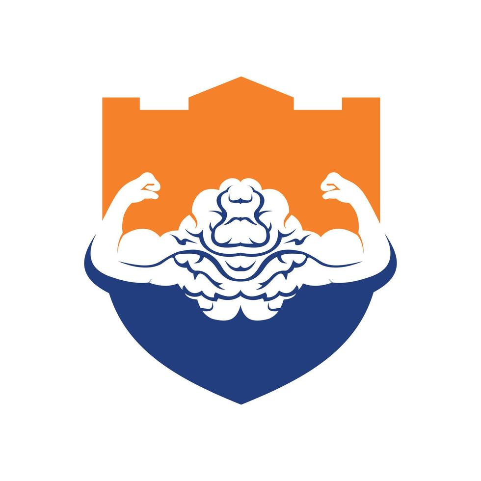 Strong brain vector logo design. Brain with strong double biceps.