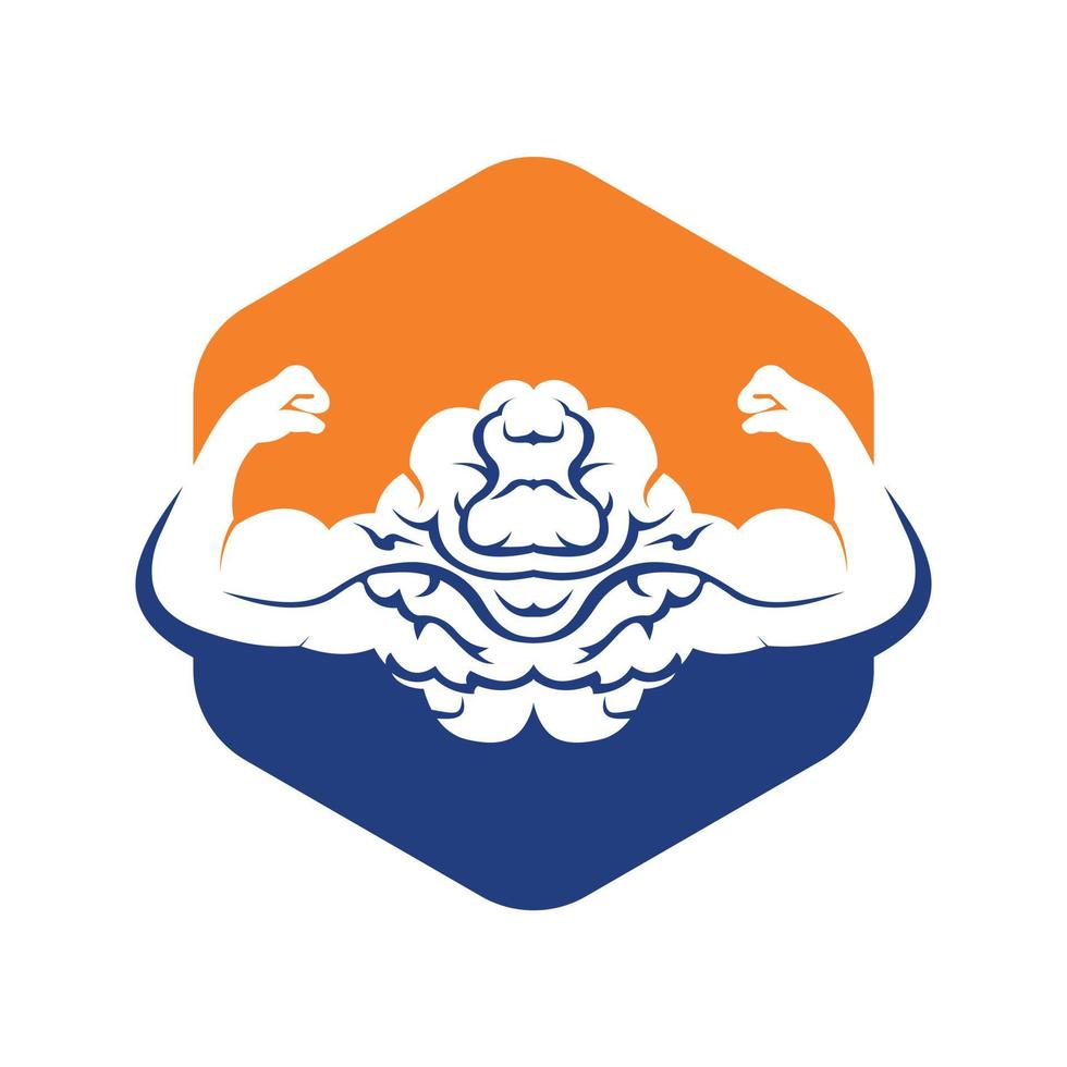 Strong brain vector logo design. Brain with strong double biceps.