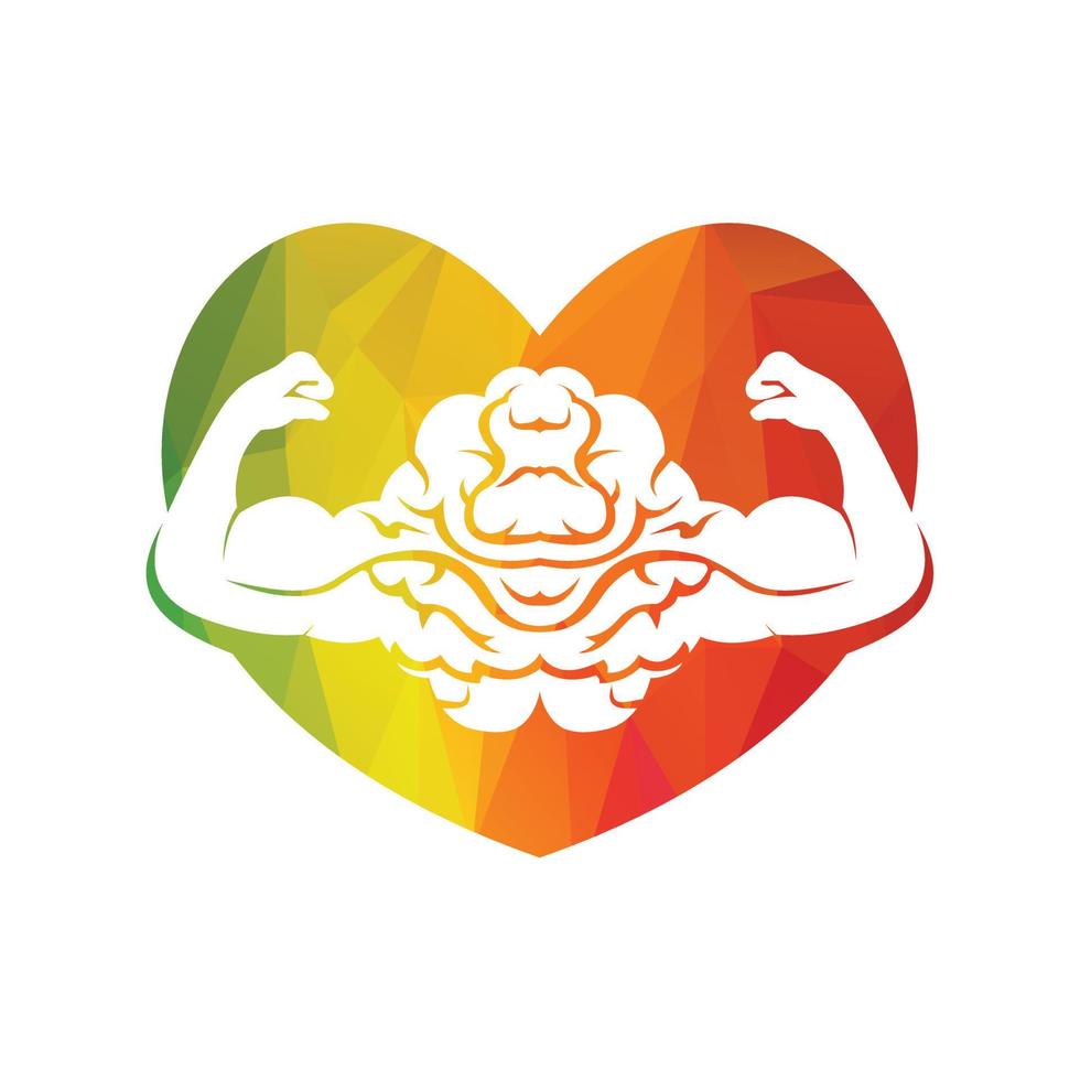 Strong brain vector logo design. Brain with strong double biceps.