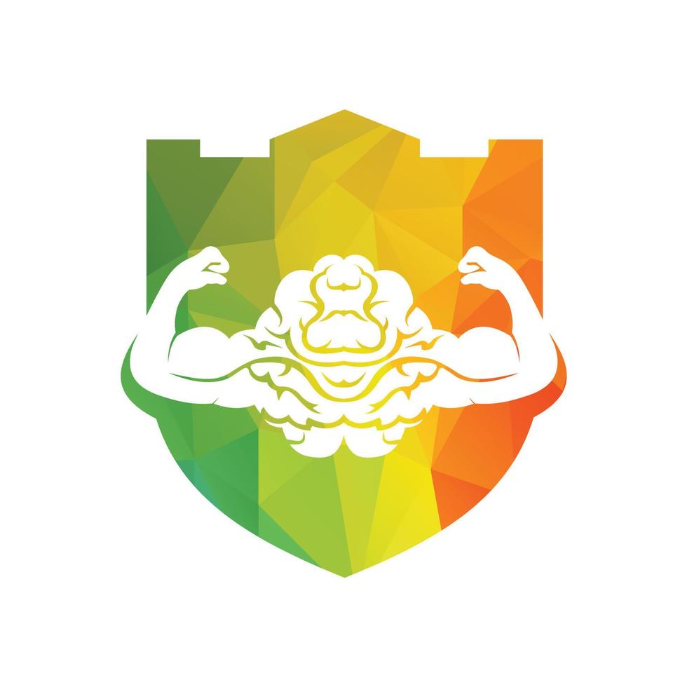 Strong brain vector logo design. Brain with strong double biceps.