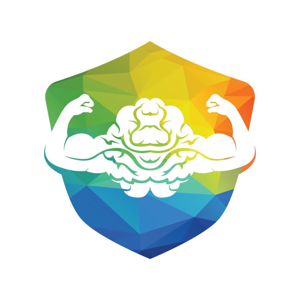 Strong brain vector logo design. Brain with strong double biceps.