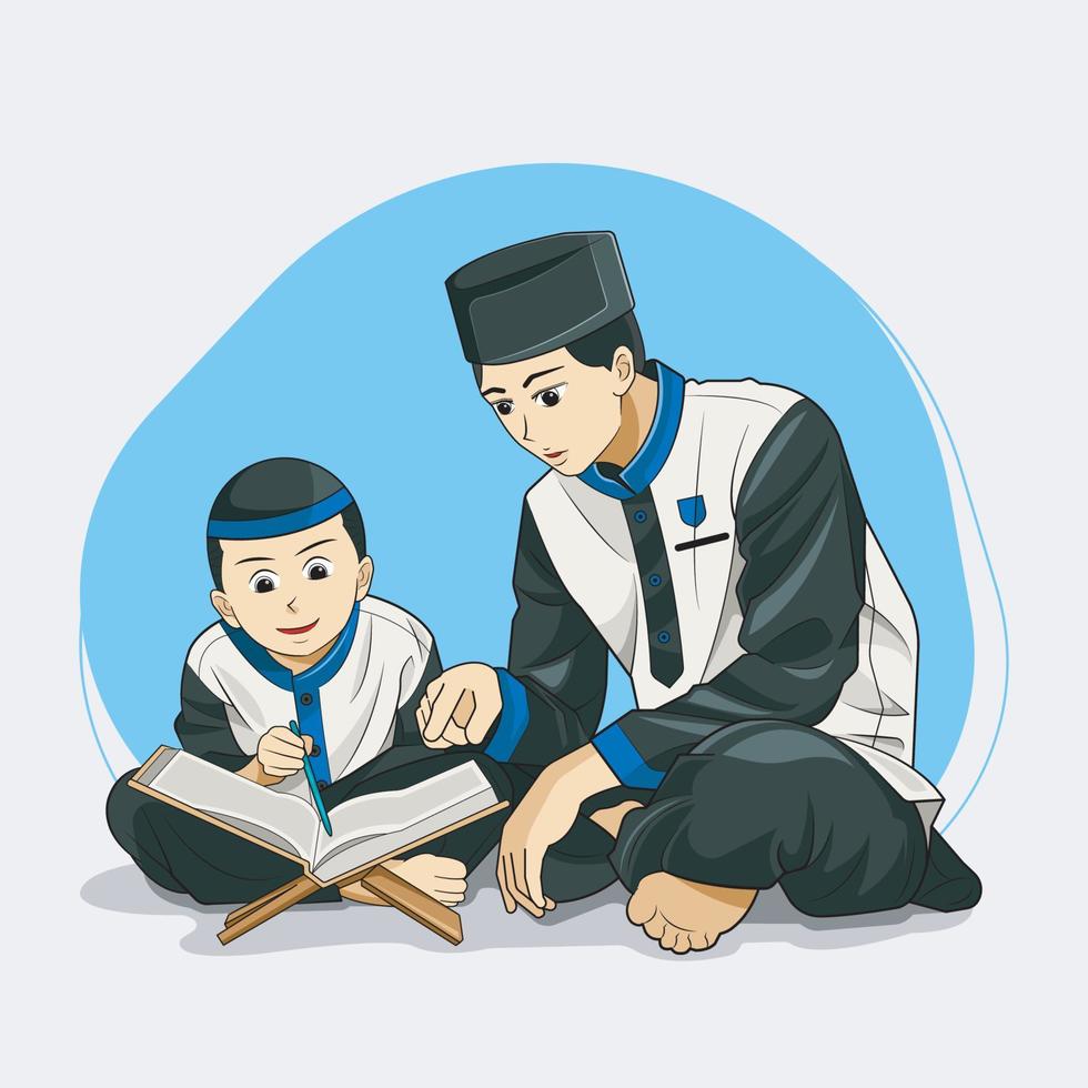 a boy learns the Al-Quran with her father at home vector illustration free download