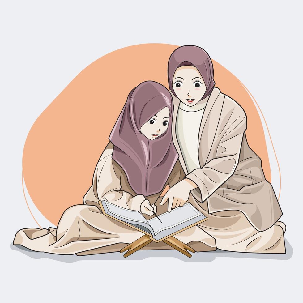 a daughter learns the Al-Quran with her mother at home vector illustration pro download