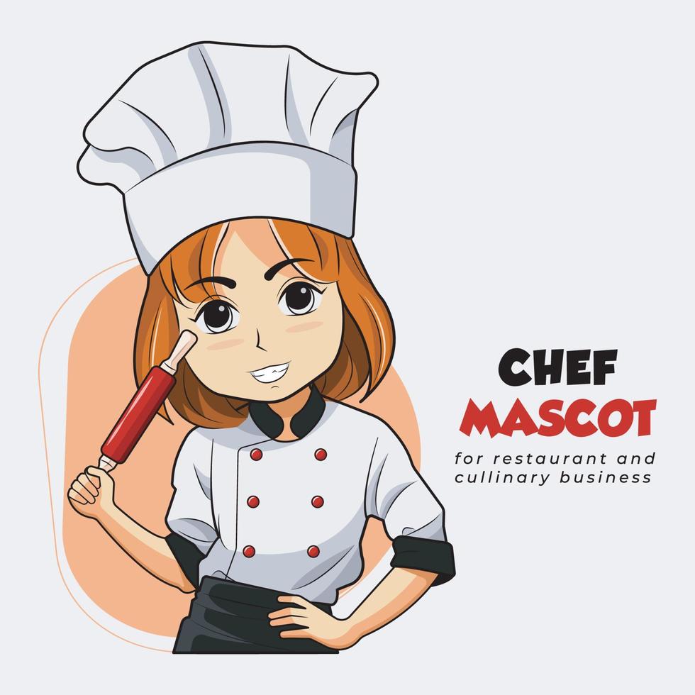 mascota logo diseño. cocinero mujer sonrisa y participación laminación alfiler vector ilustración Pro descargar