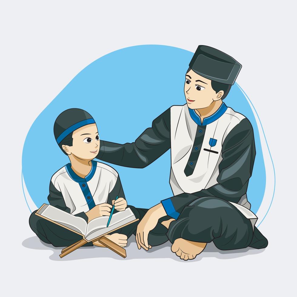 a boy learns the Al-Quran with her father in spare time vector illustration free download