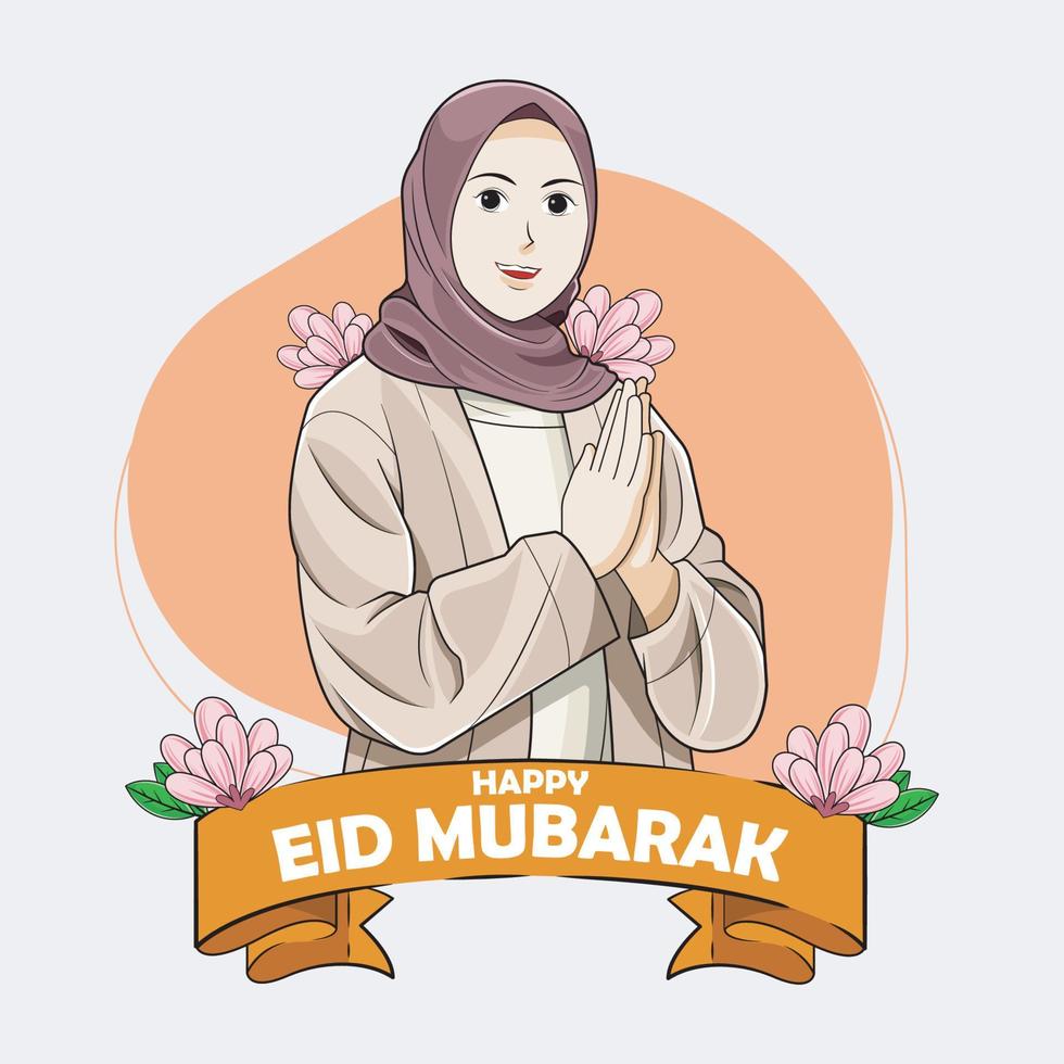 Smiling young woman gesturing Eid Mubarak greeting vector illustration free download