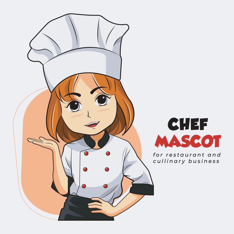 mascota logo diseño. cocinero mujer sonrisa y abierto mano palma vector ilustración Pro descargar