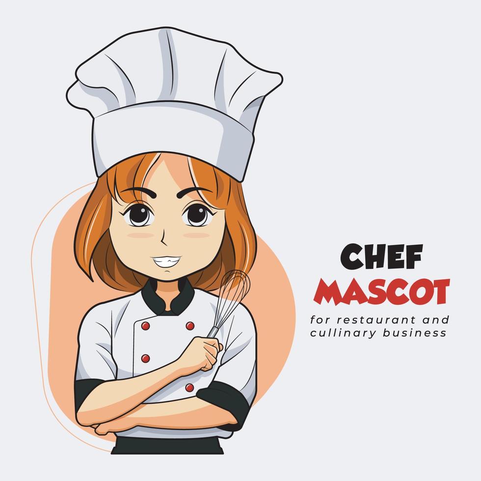 mascota logo diseño. cocinero mujer sonrisa y participación inoxidable globo vector ilustración gratis descargar