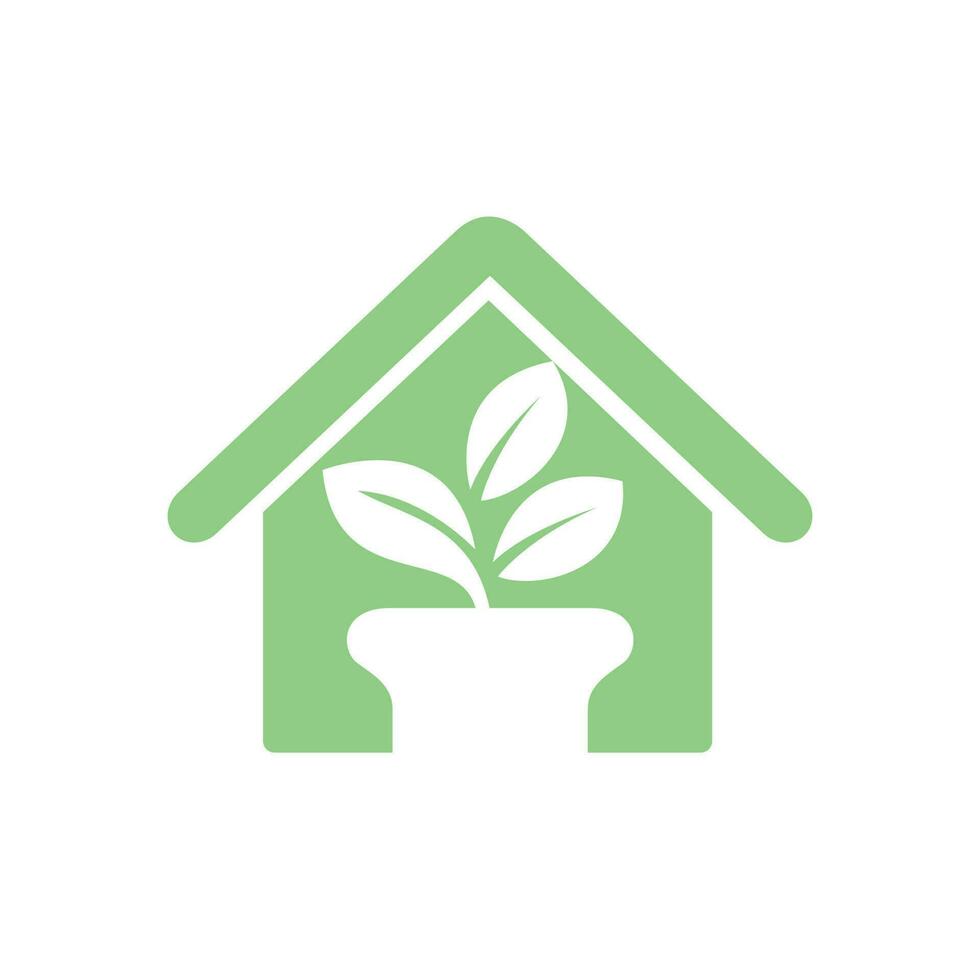 Flower pot and plant logo. Growth vector logo. Eco house shaped sign.