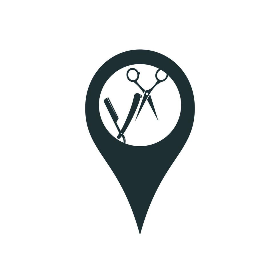 Point Barbershop Logo Template. Gps and Scissors icon vector design.