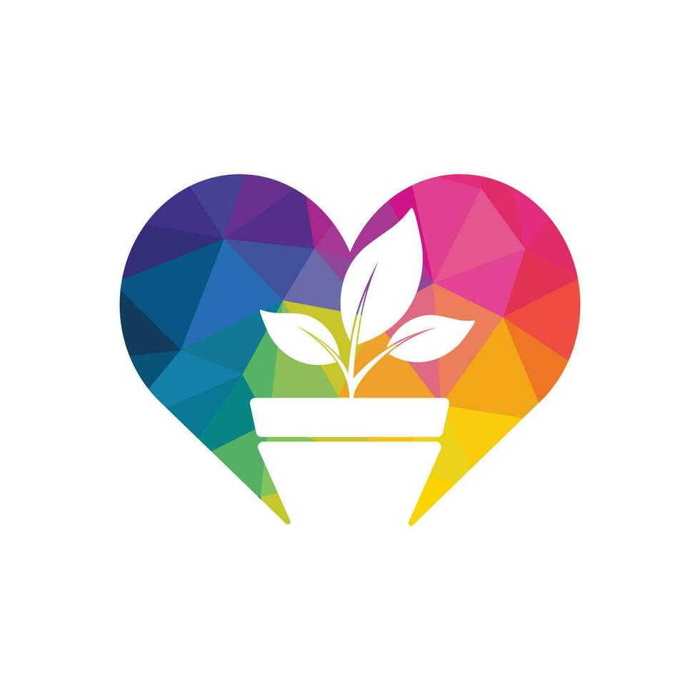 Flower pot and plant logo. Growth vector logo. Heart shaped sign.