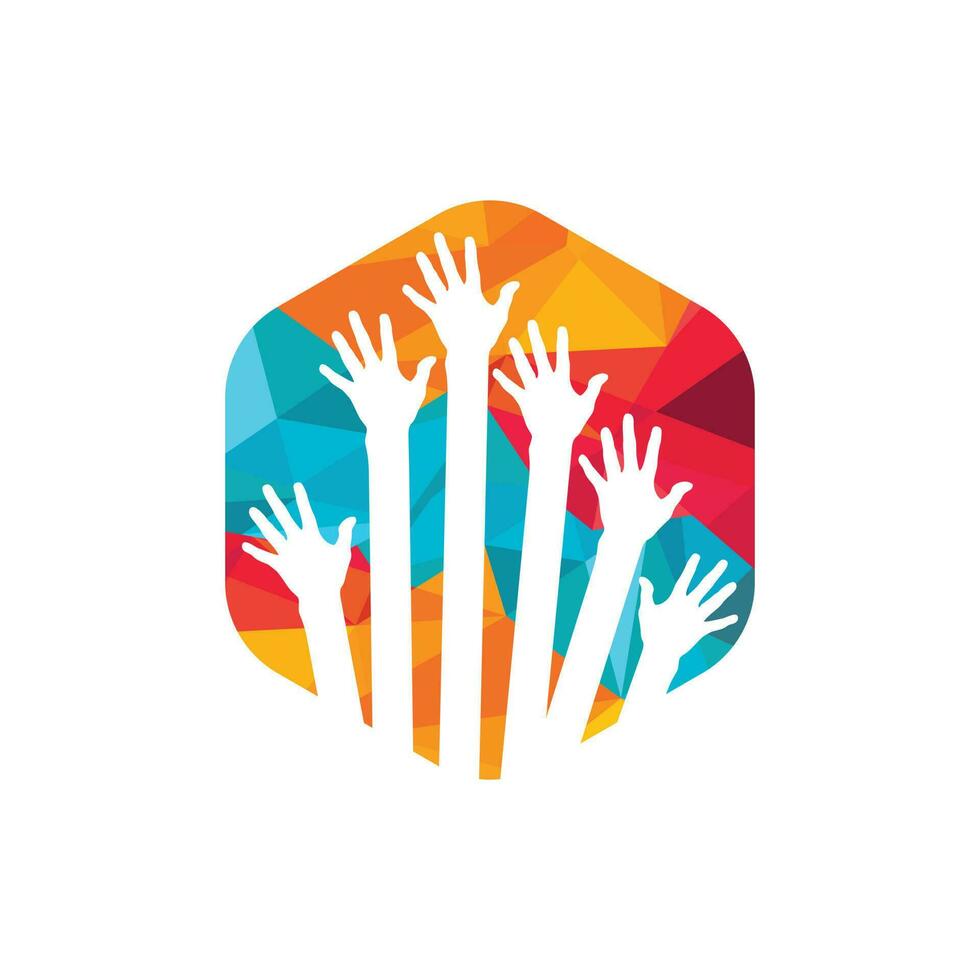 Hand help care logo and symbol vector. Diversity people group raising hands. Diverse teamwork collaboration concept. vector