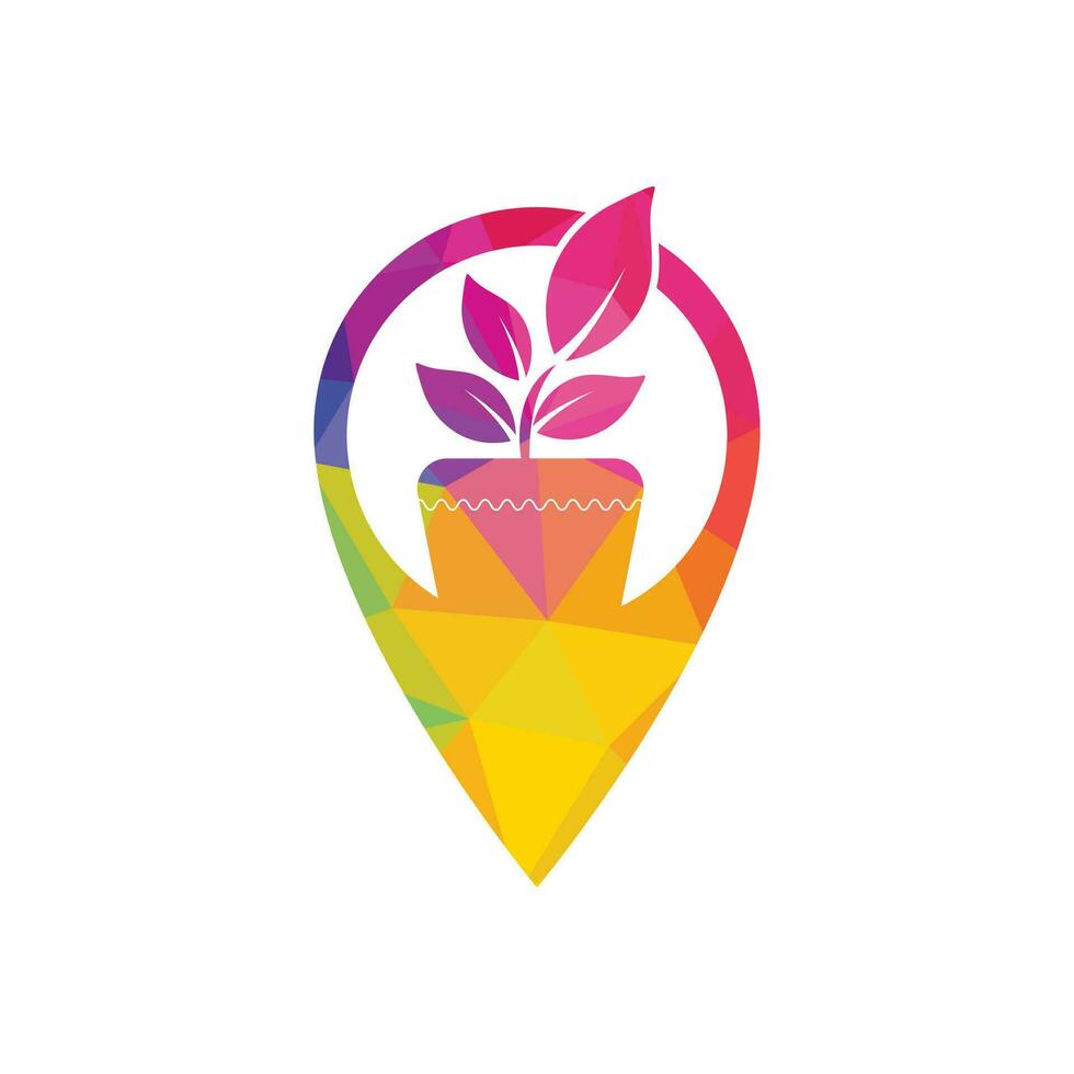 Garden location vector logo design. Flower pot with pin point icon design.