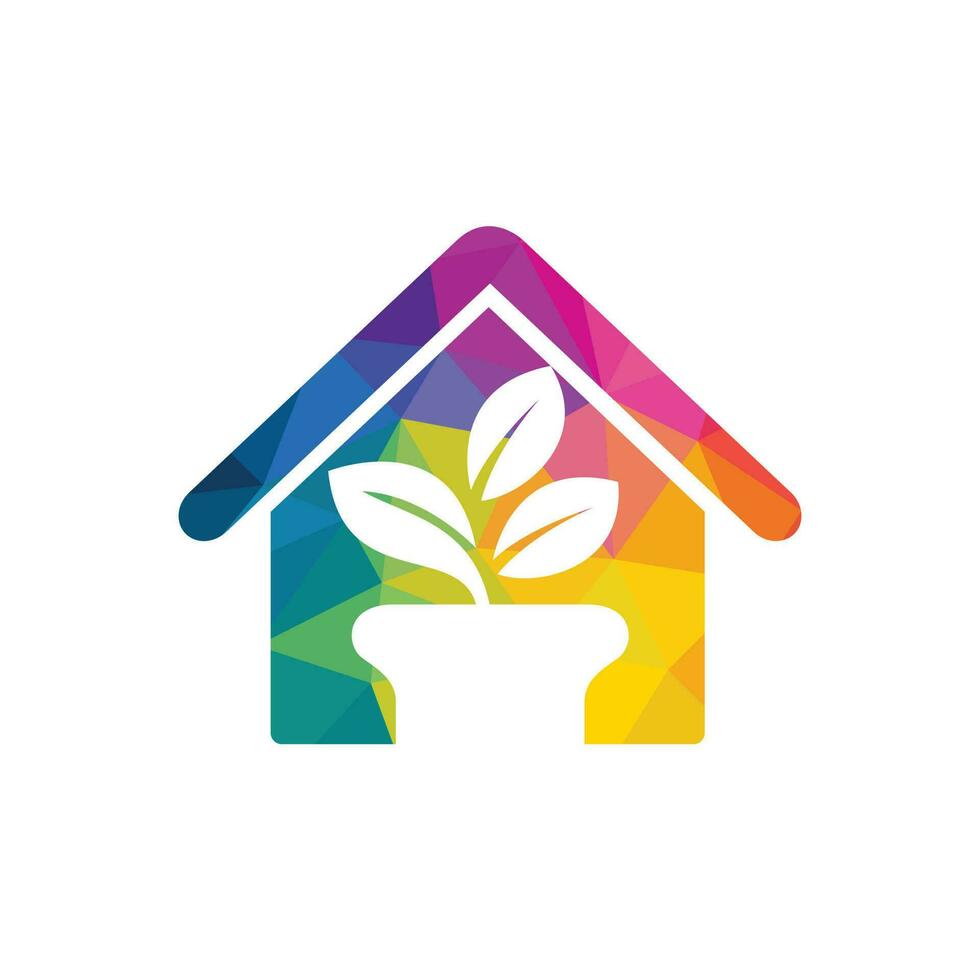Flower pot and plant logo. Growth vector logo. Eco house shaped sign.