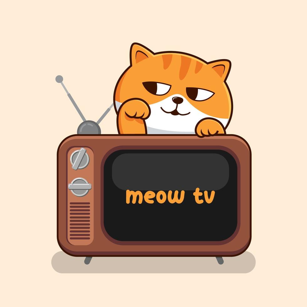 atigrado gato con televisión ondulación mano vector - linda a rayas naranja gato encima antiguo televisión