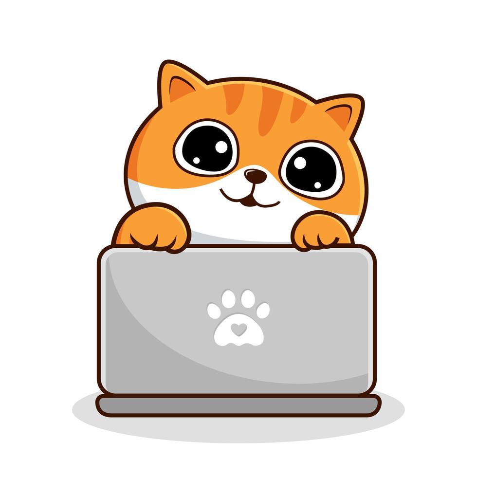 Tabby Cat Playing Laptop - White Orange Cats Kawaii - Cute Striped Cat Play Laptop vector