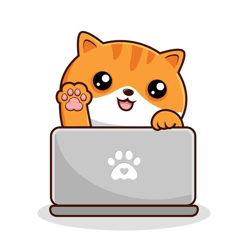 Tabby Cat Playing Laptop - White Orange Cats - Cute Striped Cat Play Laptop Waving Paws vector