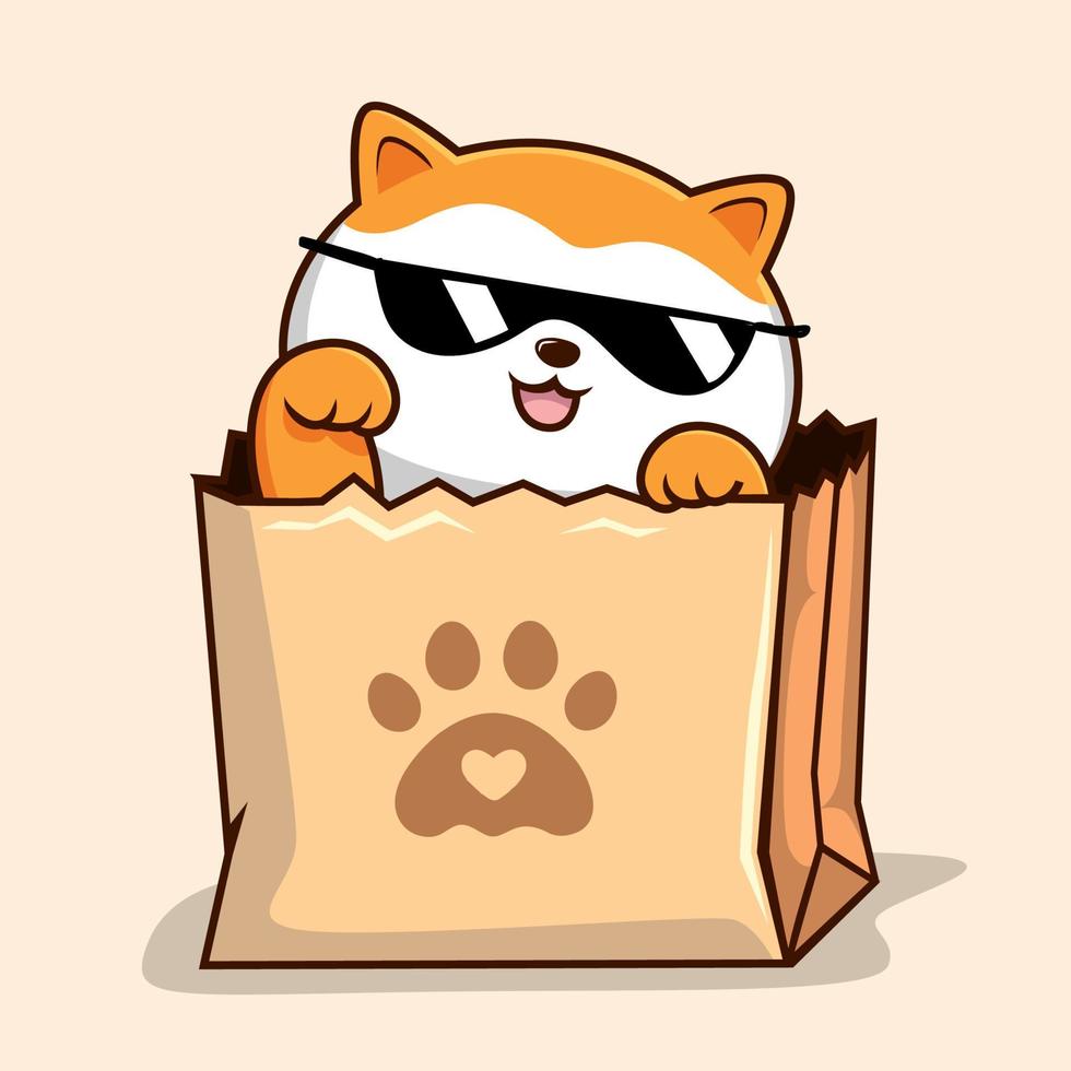 Cat in Paper Bag - Orange White Pussy Cat with Sunglasses in Shopping Bag vector