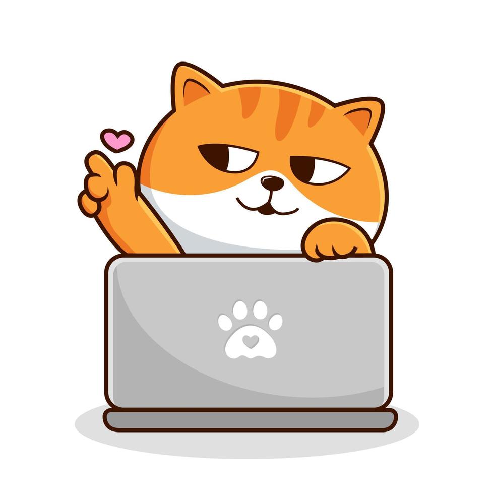 Tabby Cat Playing Laptop - White Orange Cats - Cute Striped Cat Play Laptop Love Hand vector