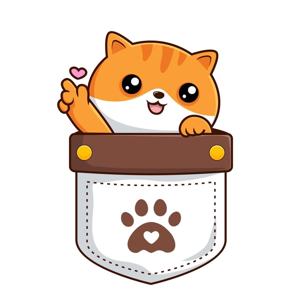 Cute Cat in Pocket - Tabby Orange White Pussy Cat in Pouch with Love Hand vector