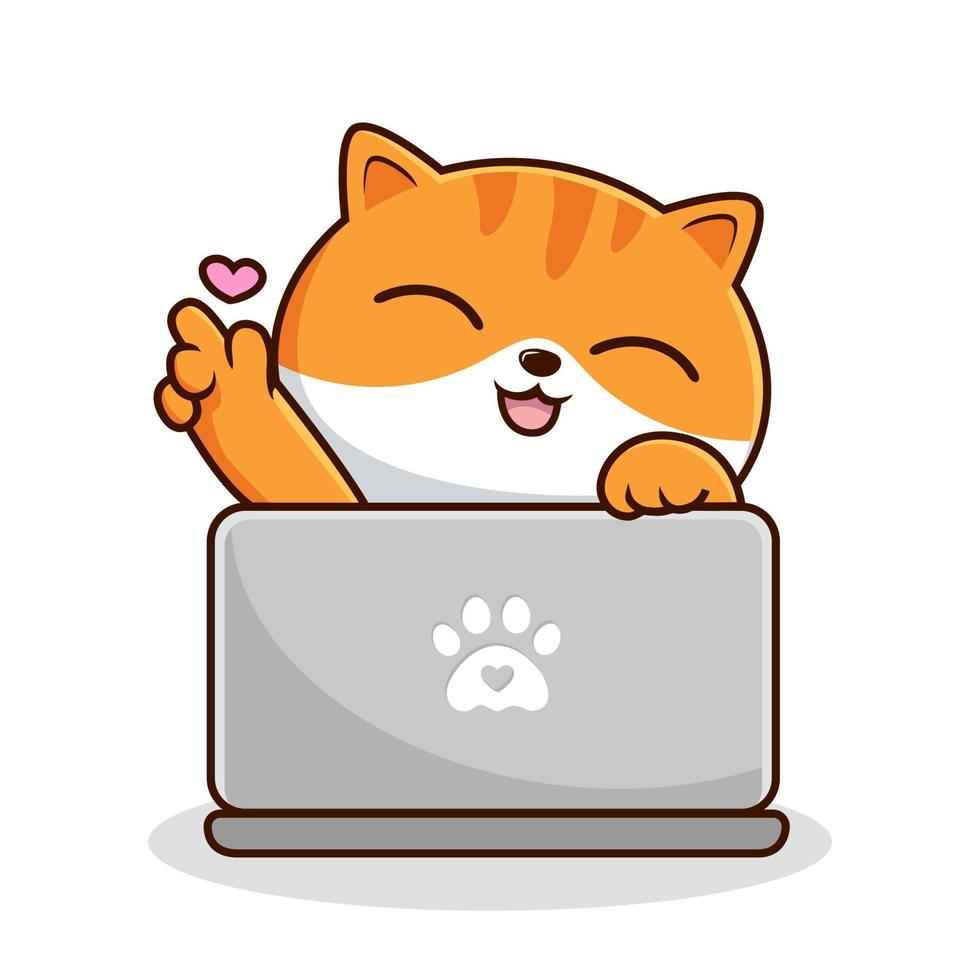 Tabby Cat Playing Laptop - White Orange Cats - Cute Striped Cat Play Laptop Love Hand vector