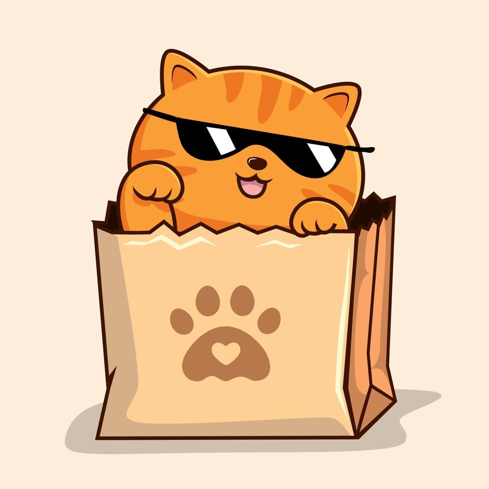 Tabby Cat in Shopping Bag - Striped Orange Cat with Sunglasses in Paper Bag Waving Hand Paws vector