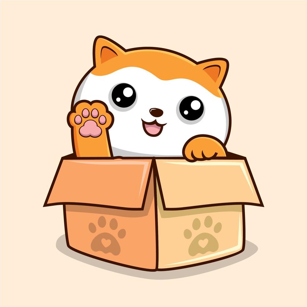 Cat in The Box Cartoon - Cute White Orange Pussy Cat Waving Paws vector