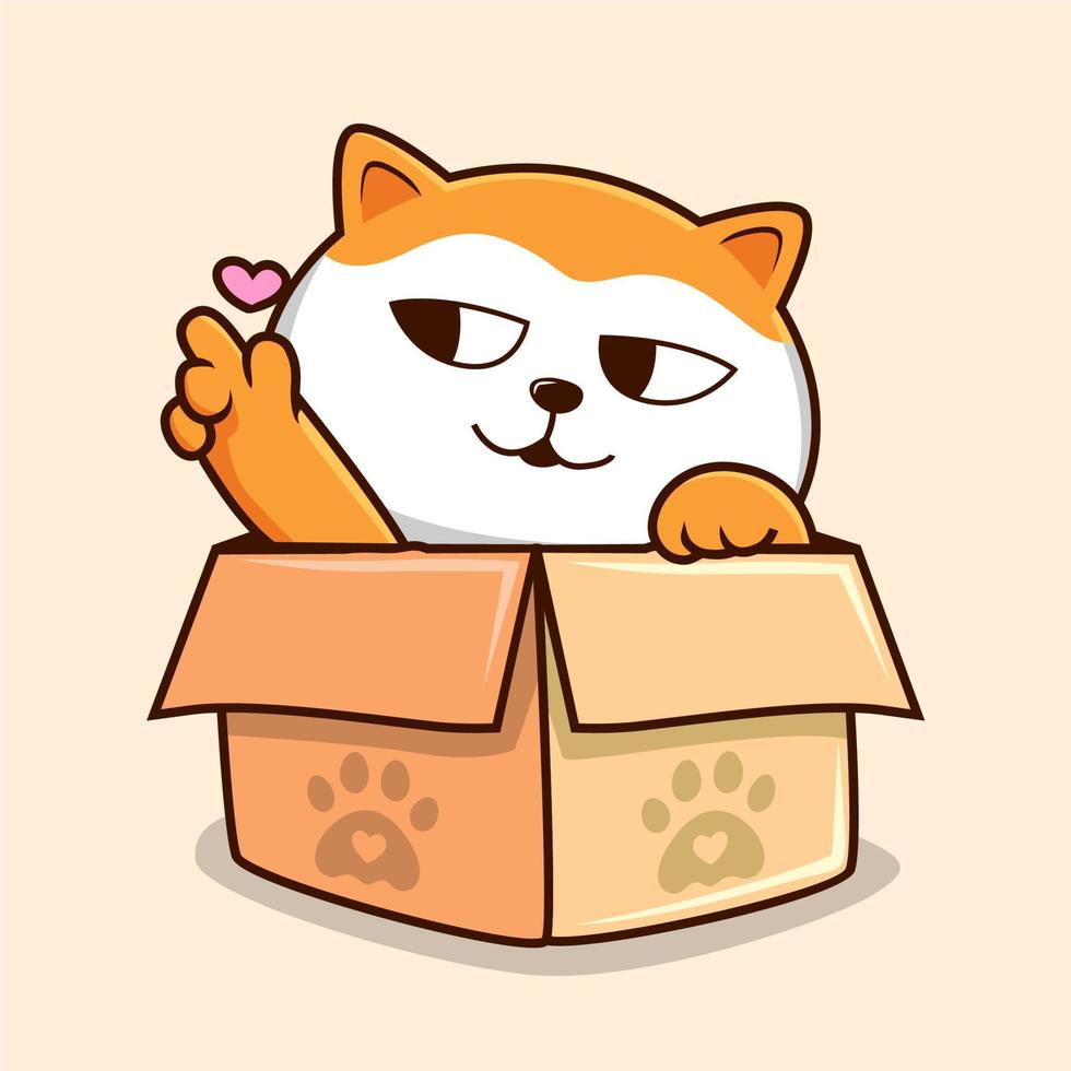 Cat in The Box Cartoon - Cute White Orange Pussy Cat with Love Paws vector