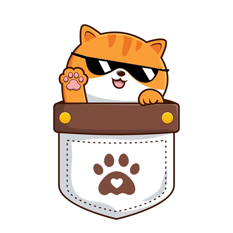 Cute Cat in Pocket - Tabby Orange White Pussy Cat in Pouch Cool With Sunglasses vector