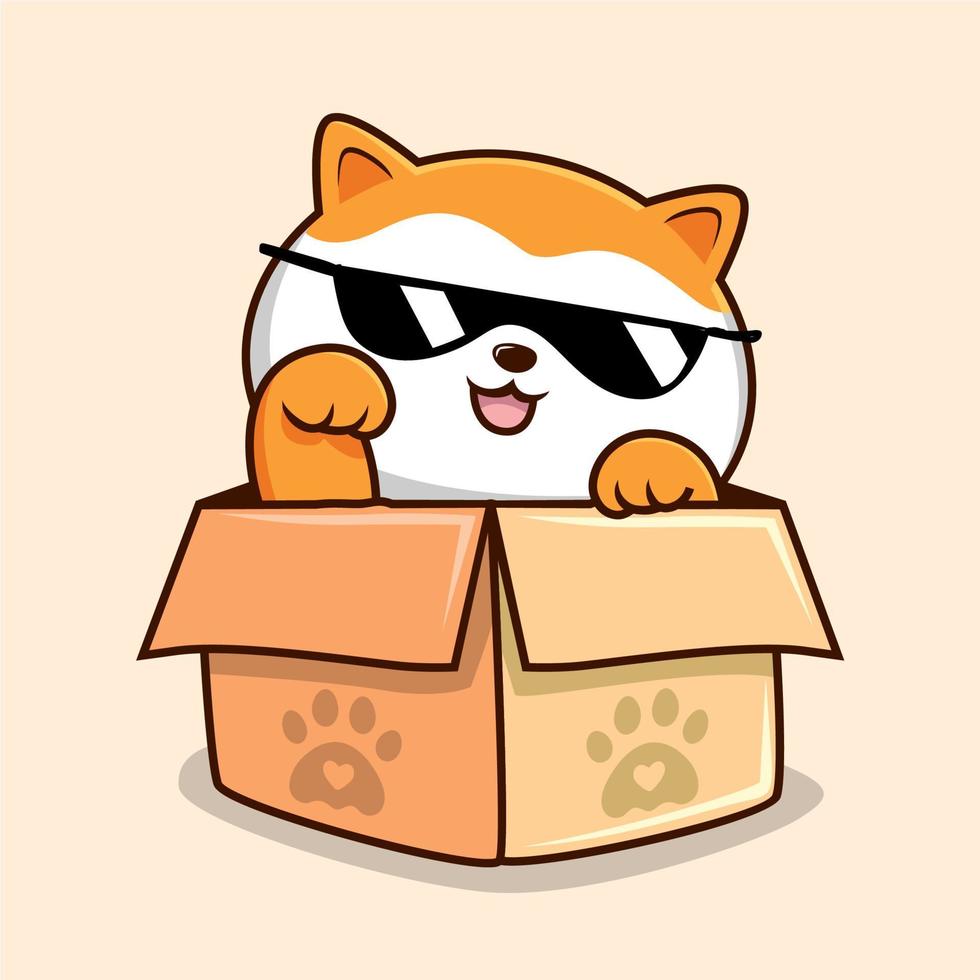 Cat in The Box Cartoon - Cute White Orange Pussy Cat with Sunglasses vector