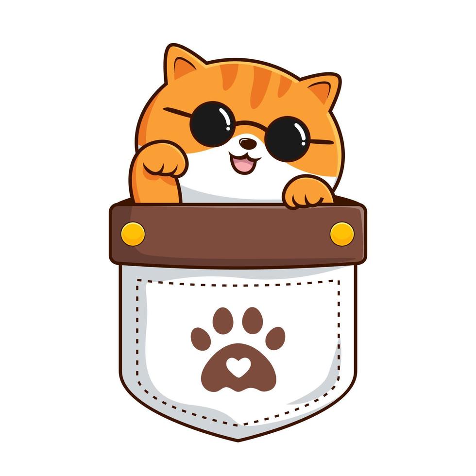 Cute Cat in Pocket - Tabby Orange White Pussy Cat in Pouch with Round Glasses vector