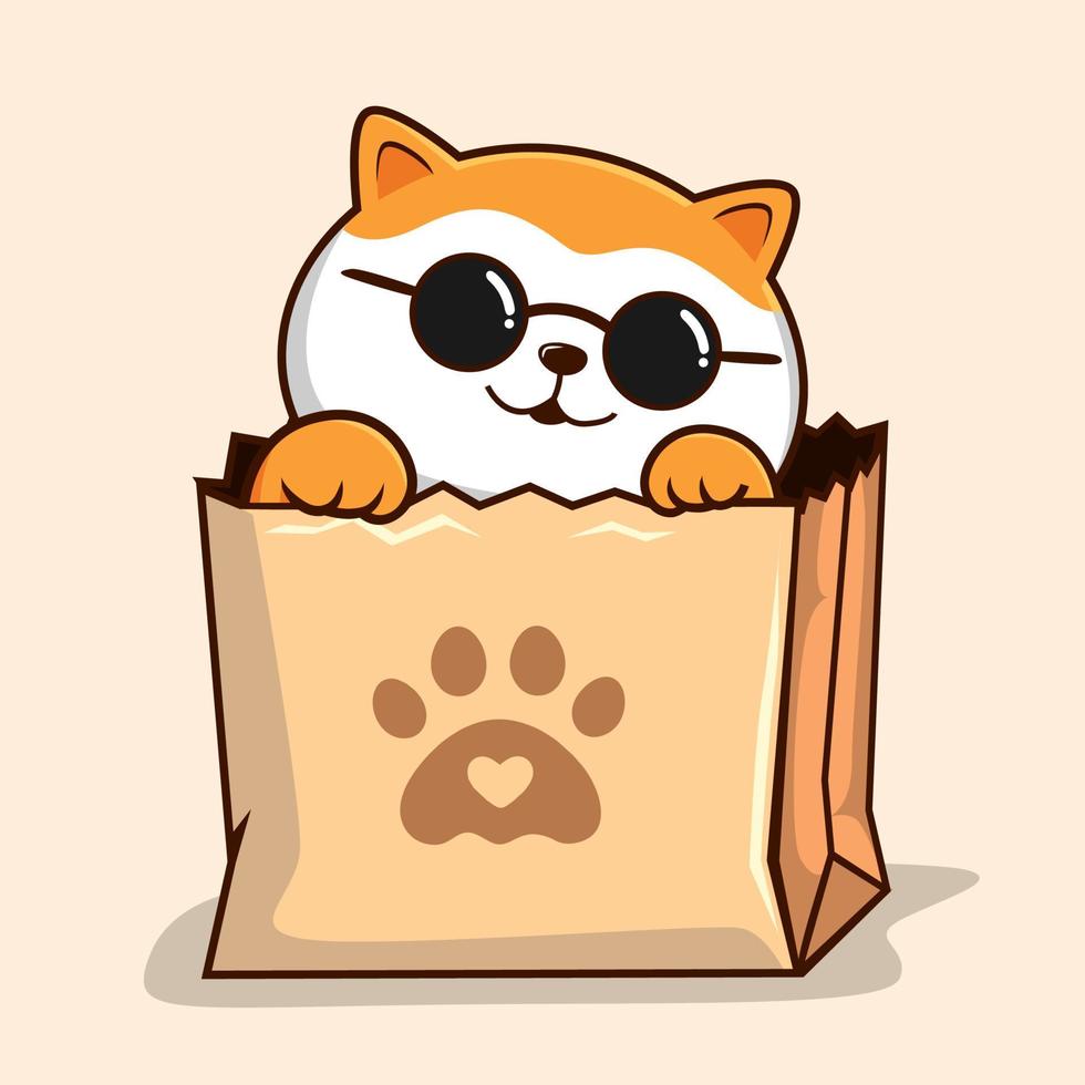 Cat in Paper Bag - Orange White Pussy Cat Cool with Circle Glasses in Shopping Bag vector