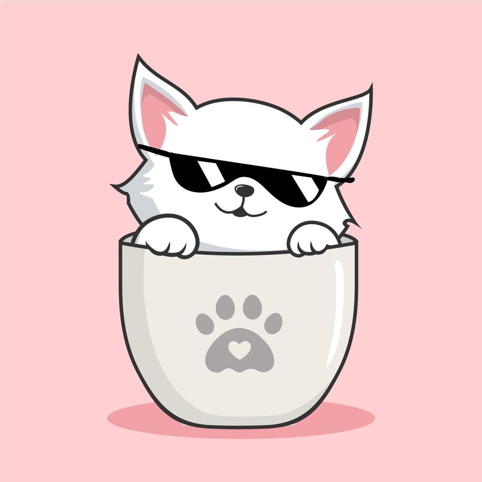 Cat in Mug Illustration With Sunglasses - Cute White Pussy Cat in Cups Mug vector