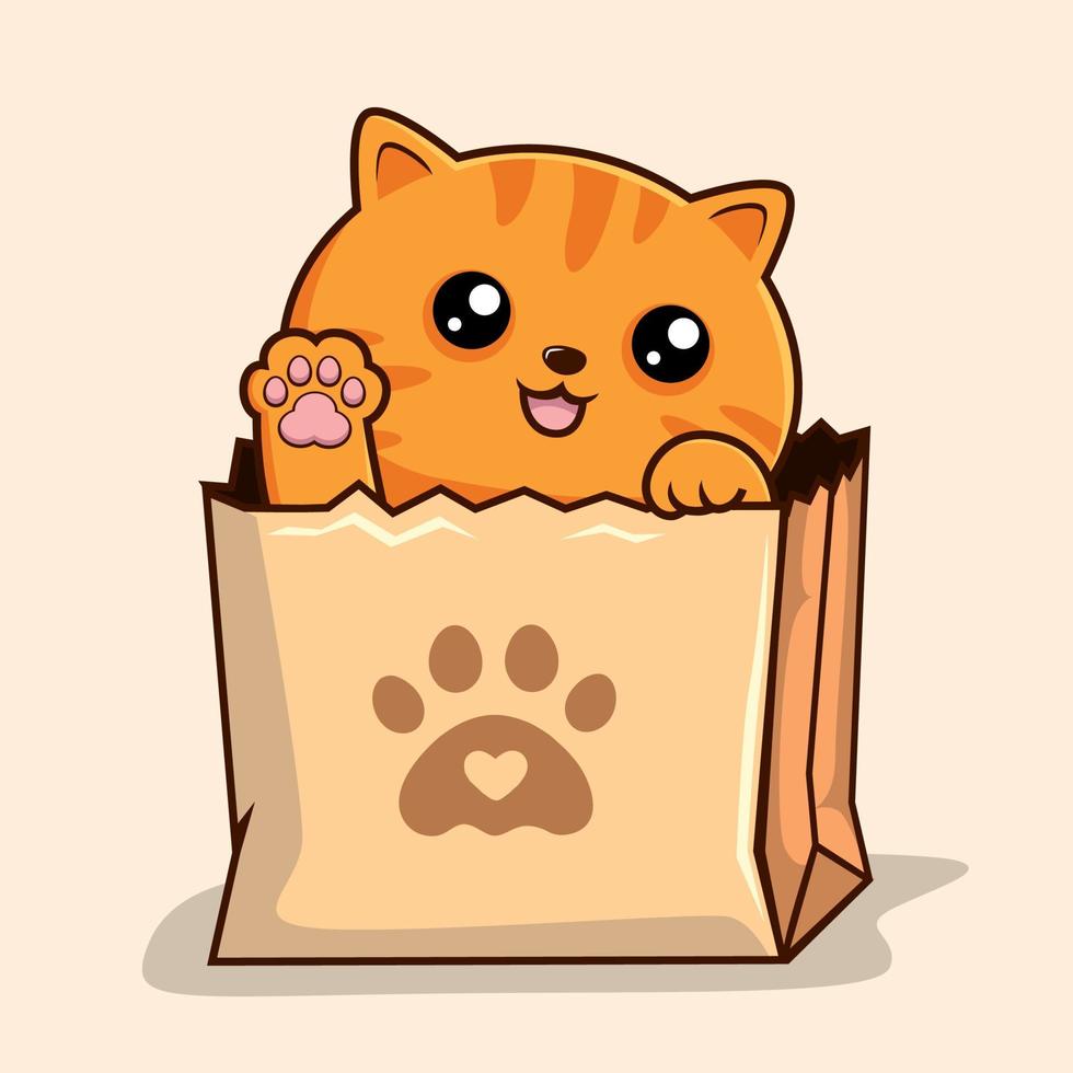 atigrado gato en compras bolso - a rayas naranja gato en papel bolso ondulación mano patas vector