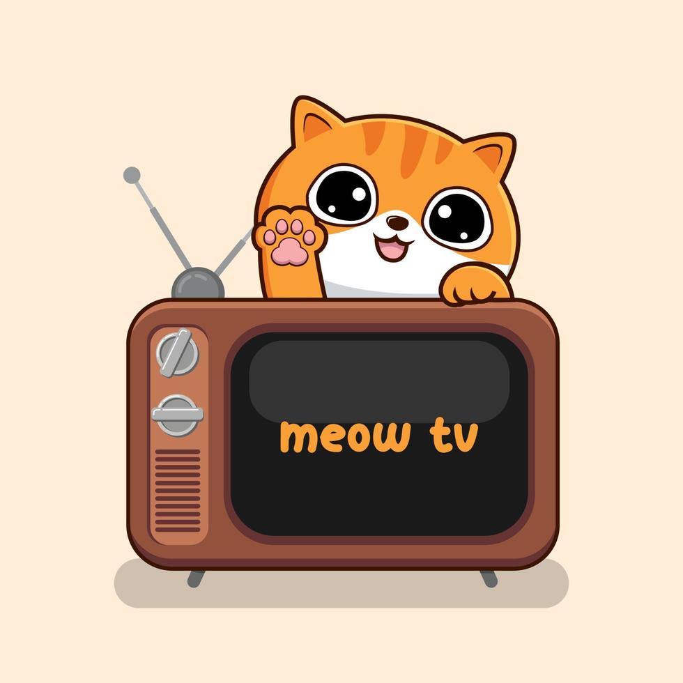 Tabby Cat with TV Waving Paws - Cute Striped Orange Cat Above Old Television vector