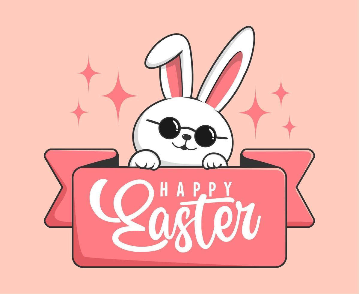Rabbit Easter Happy Easter Day - Cute Bunny Easter Label with Circle Glasses vector